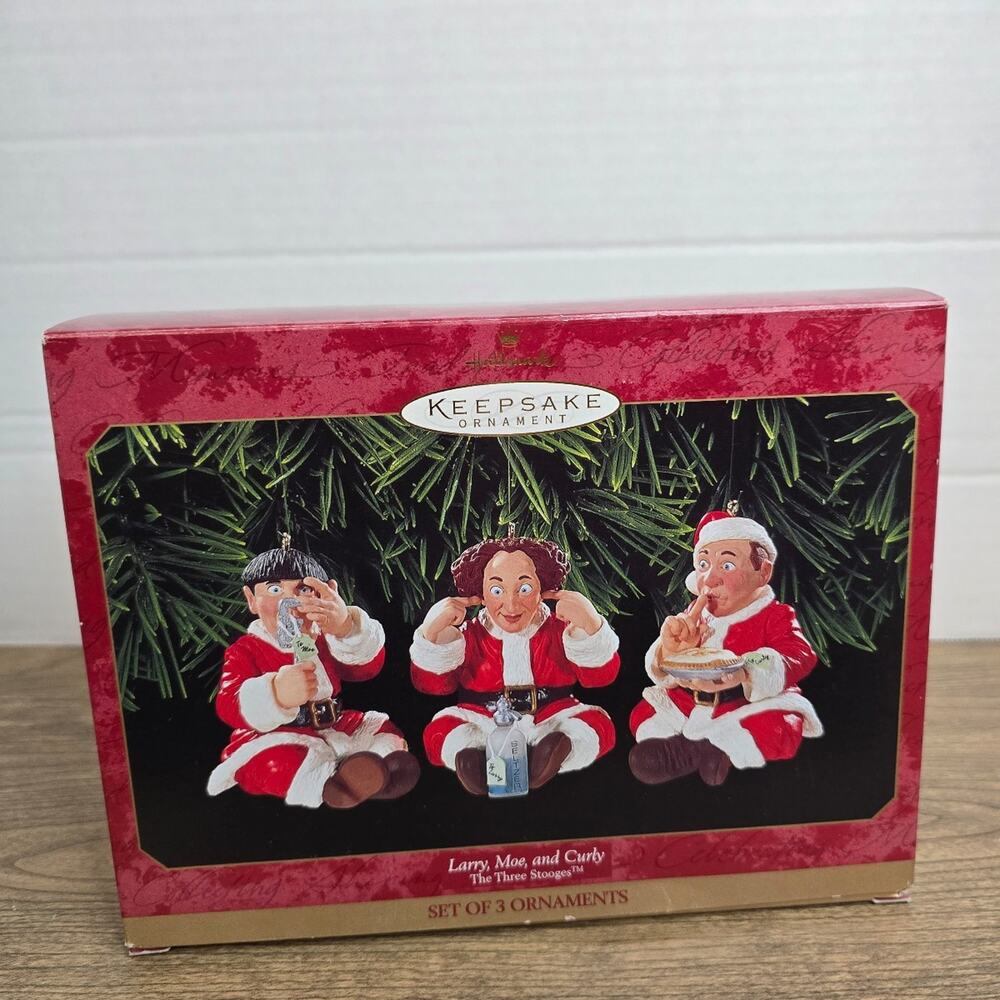 1999 Hallmark Keepsake Ornament set featuring Larry, Moe, and Curly of The Three